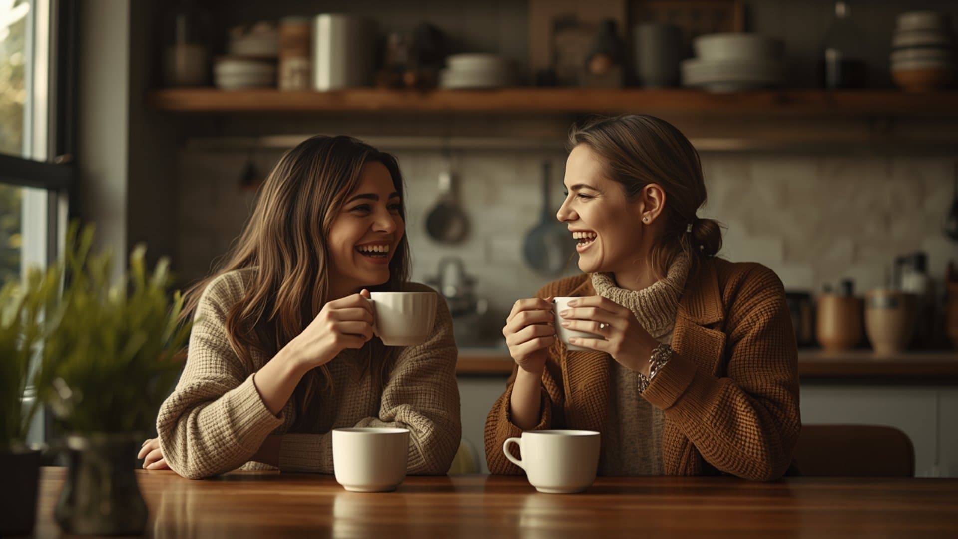 Deux amis rient autour d'un café dans une cuisine